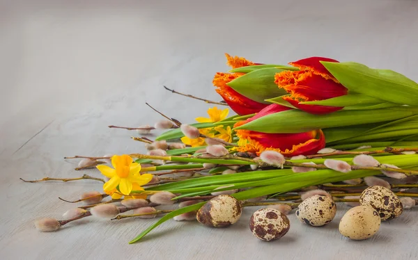 Buquê de tulipas perto os ovos de codorna — Fotografia de Stock
