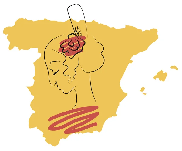 Silhouette of a Spanish girl on a background map of Spain — Stock Vector