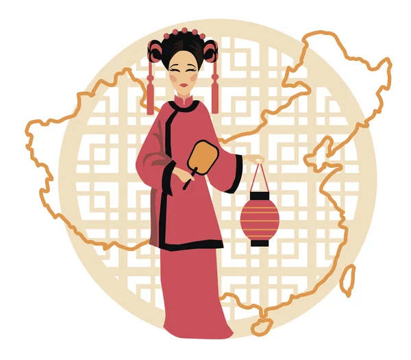Chinese girl with lantern - Stok Vektor
