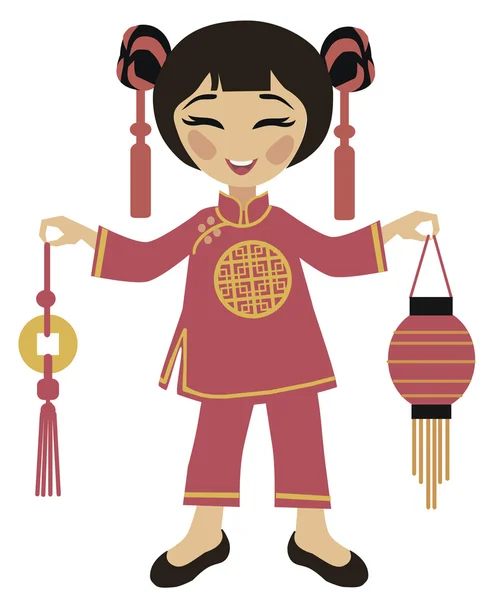 Chinese girl with lantern - Stok Vektor