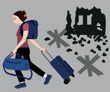 Ukrayna 'da savaş konsepti ve kız mülteci. Dünya Mülteci Günü. Evin harabelerinin arka planında yaşayan kız mülteci.