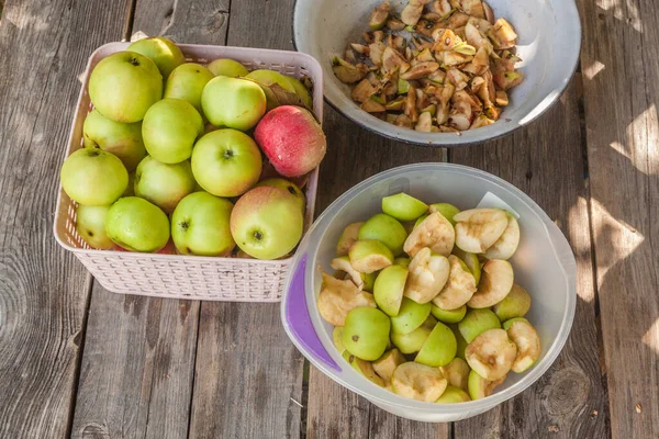 Cut Slices Apples Bowl Jam Wooden Table Flat Lay — Foto de Stock