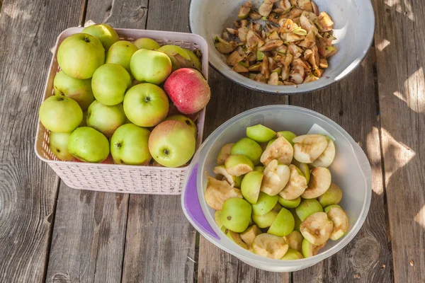 Cut Slices Apples Bowl Jam Wooden Table Flat Lay — 图库照片