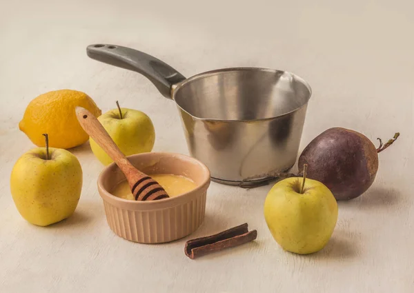 Cooking Vitamin Drink Beets Apples Lemon Honey Cinnamon Ingredients Vitamin — Stock Photo, Image