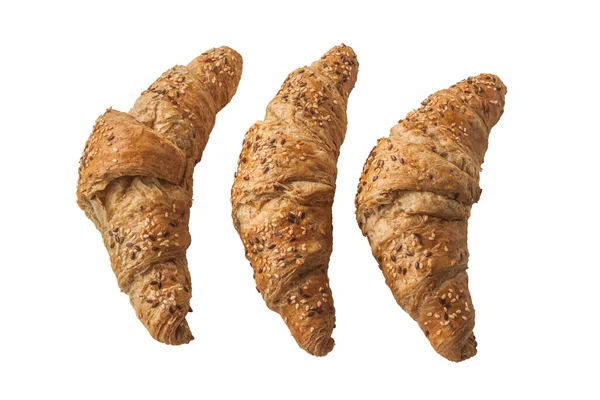 Tre Fullkorn Glutenfria Rågcroissanter Med Kärnfrön Vit Bakgrund Isolerad Platt — Stockfoto