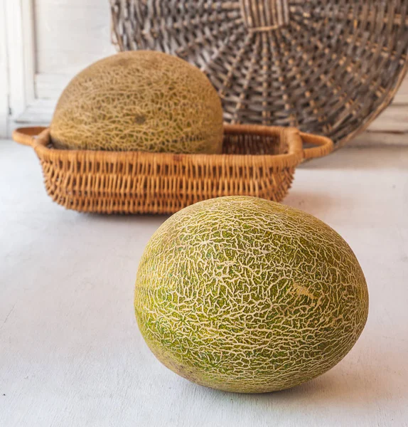 Two Ripe Melons Kitchen Table Melon Jam — Stock Photo, Image