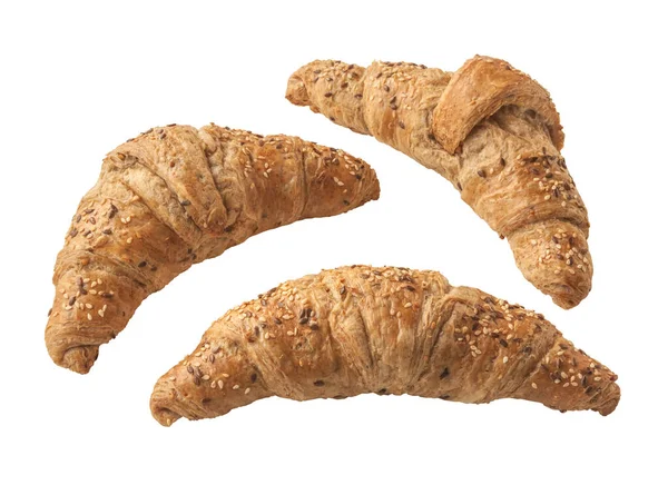 Tři Celozrnné Bezlepkové Žitné Croissanty Jádrem Semena Bílém Pozadí Izolované — Stock fotografie