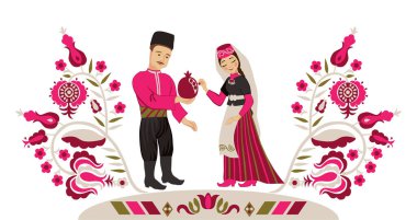 Ulusal giysiler içinde sevgi dolu bir çift Kırım Tatarı nar yer. 
