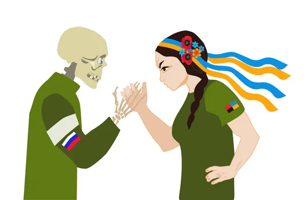 ウクライナとロシアの軍事的対立の概念 ウクライナの少女はロシア軍の制服で死と戦う — ストックベクタ