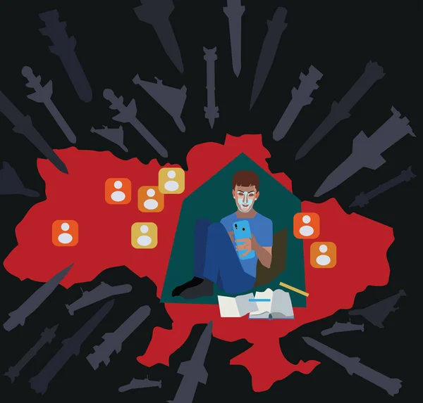 Aprendizagem Distância Ucrânia Durante Guerra Estudante Escola Estudando Online Durante —  Vetores de Stock