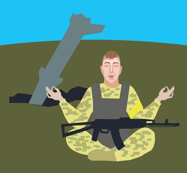Στρατιώτης Διαλογισμού Των Ενόπλων Δυνάμεων Της Ουκρανίας Φόντο Πύραυλο Κρουαζιέρας — Διανυσματικό Αρχείο