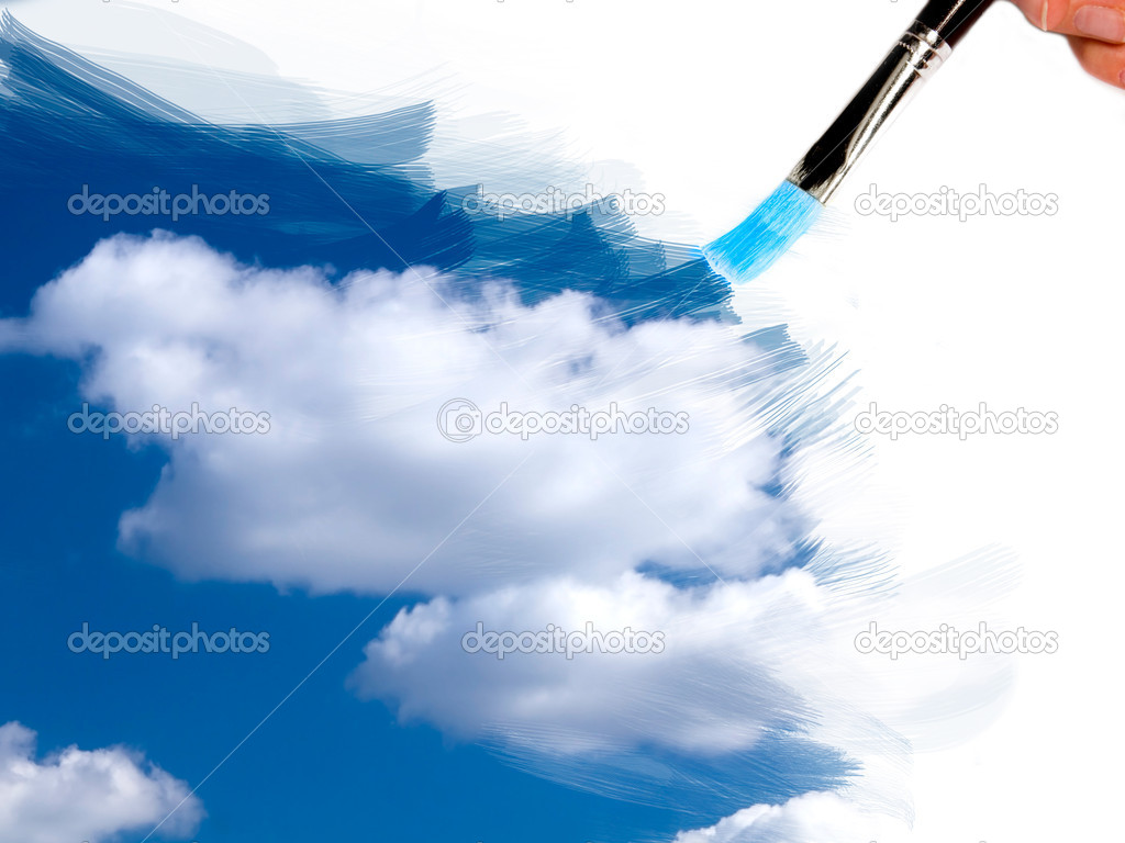 artist brush painting sky and clouds