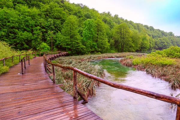 Caminho turístico de madeira no parque nacional dos lagos Plitvice — Fotografia de Stock