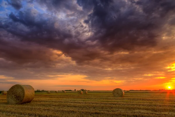 Sunset over farm field with hay bales — Stock Photo, Image