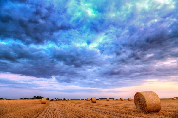 Pôr do sol sobre campo de fazenda com fardos de feno — Fotografia de Stock