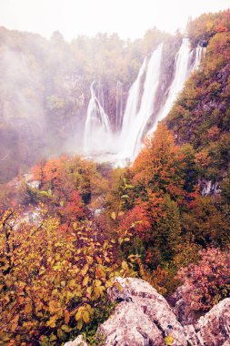 Hırvatistan 'ın Plitvice Ulusal Parkı' ndaki pitoresk şelaleli sonbahar manzarası