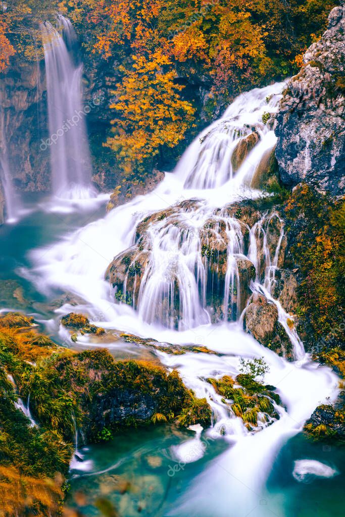 Autumn landscape with picturesque waterfalls in Plitvice National Park, Croatia