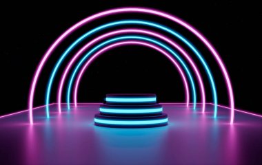 3d render, glowing podiums on an abstract cosmic neon background glowing laser arcs on platform clipart