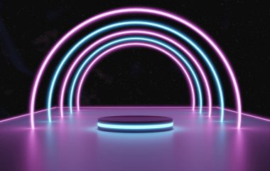 Soyut kozmik neon arkaplan üzerinde parlayan 3D görüntüleme, parlayan podyumlar platform üzerinde parlayan lazer yayları