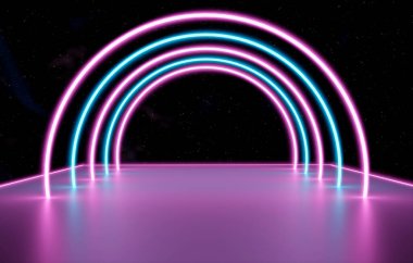 3d illüstrasyon, soyut kozmik neon arkaplan parlayan lazer yayları platform üzerinde