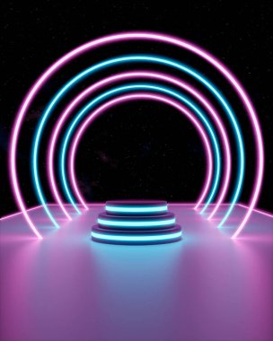 Soyut kozmik neon arkaplan üzerinde parlayan 3D görüntüleme, parlayan podyumlar platform üzerinde parlayan lazer yayları