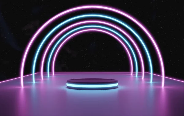 Render Glowing Podiums Abstract Cosmic Neon Background Glowing Laser Arcs — Stock fotografie