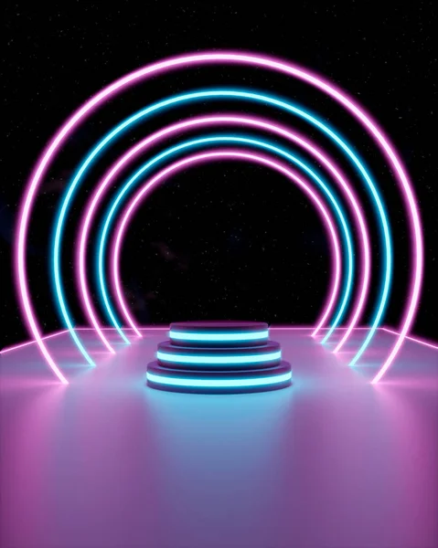 Render Glowing Podiums Abstract Cosmic Neon Background Glowing Laser Arcs — Stock fotografie