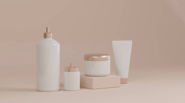 Kozmetik şişe modelleme ürünü pembe arka planda, 3D görüntüleme
