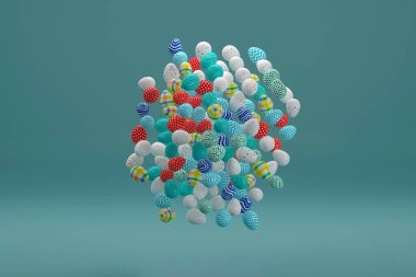 Havada süzülen renkli Paskalya yumurtaları. 3d illüstrasyon