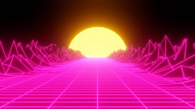 Retro neon gün batımı. Vaporwave vintage 3D neon peyzaj 3D