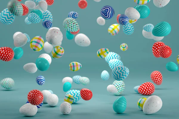 Havada süzülen renkli Paskalya yumurtaları. 3d illüstrasyon