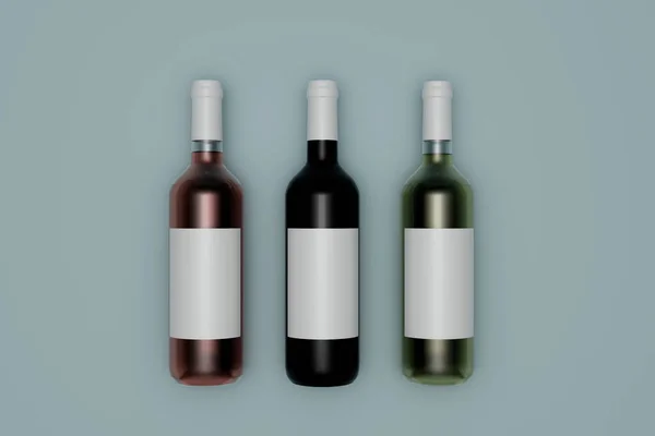 Wijnfles Mock Drie Flessen Blanco Goud Label Renderen — Stockfoto