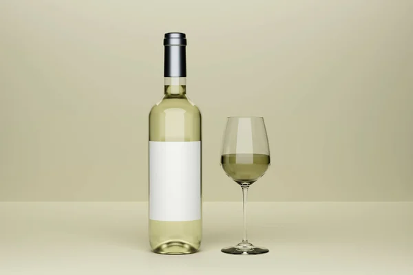 Flasche Weißwein Mit Etikett Und Einem Glaskelch Fotorealistischen Stil Auf — Stockfoto