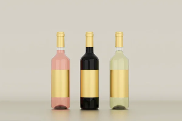Weinflaschen Mock Drei Flaschen Gold Leer Label Renderer — Stockfoto