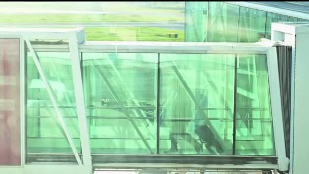 Passeggeri Dell Aeroporto Che Salgono Aereo Persone Che Attraversano Ponte Clip Video