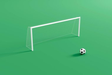 Futbol topu ve kale direği olan soyut pastel renkli futbol kortları, minimalist kompozisyon. 3d oluşturma