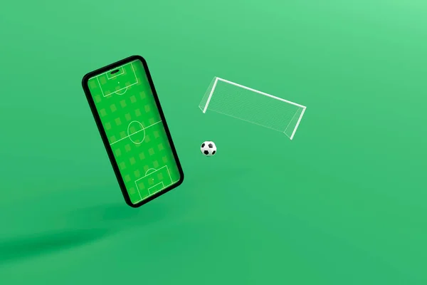 Mobile football soccer. Online sport bet play match. Online soccer game with live mobile app. Football field on the smartphone screen and ball. Online ticket sales, sport betting concept. 3d illustration