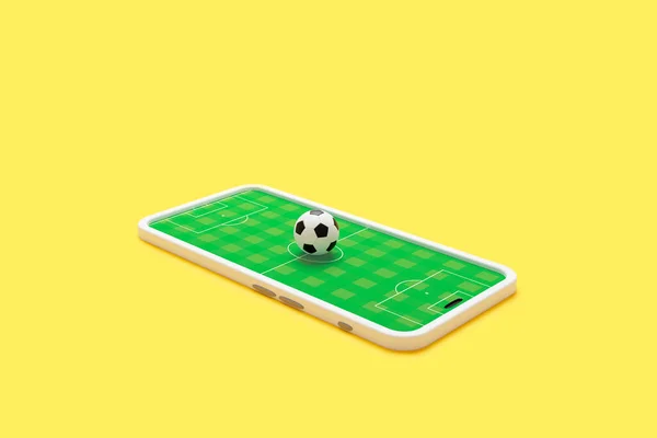 Mobile football soccer. Online sport bet play match. Online soccer game with live mobile app. Football field on the smartphone screen and ball. Online ticket sales, sport betting concept. 3d illustration