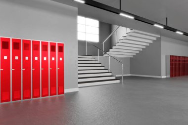 Açık okul koridoru, iç mekan ve kopyasal alan. 3d illüstrasyon