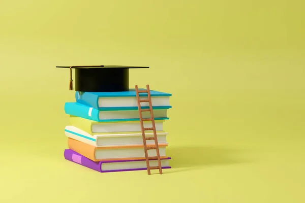 Rendering Graduation Cap Books Staircase Blue Background Realistic Shapes Education — Stockfoto