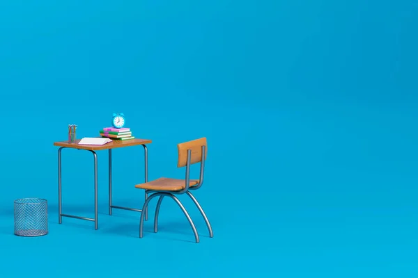 Mesa Escola Com Acessório Escolar Sobre Mesa Fundo Azul Ilustração — Fotografia de Stock