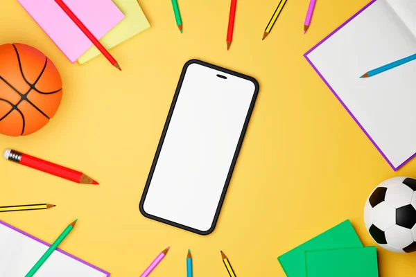 Top View Set School Supplies Mobile Phone Yellow Background Illustration — Stockfoto