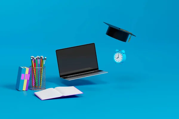 Schoolbenodigdheden Met Laptop Wekker Die Lucht Zweven Concept Van Onderwijs — Stockfoto