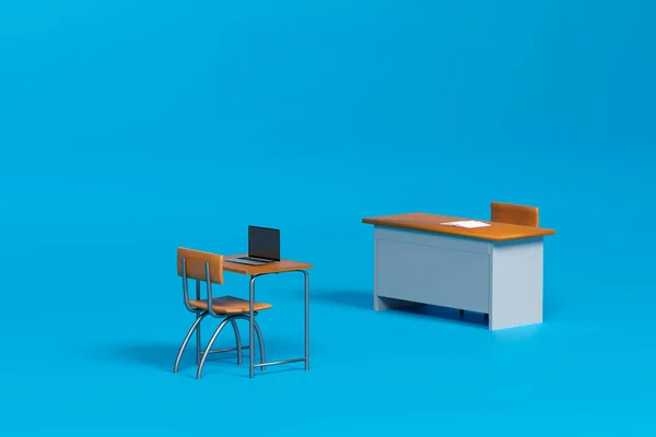 Een Computer Het Bureau Van Leerlingen Leraar Concept Van Onderwijs — Stockfoto