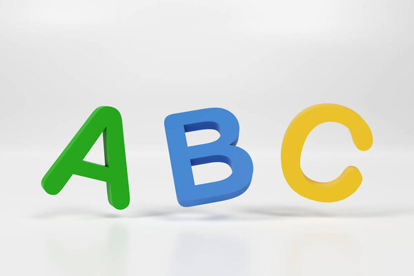 3d abc letters isolated over white background with reflection. 3d render