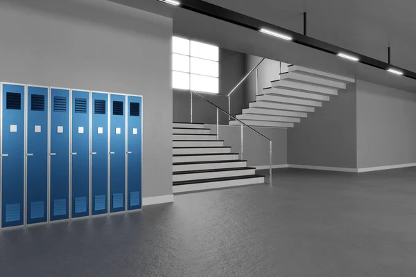 Light school hallway interior with copyspace. 3d illustration