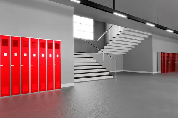 Light school hallway interior with copyspace. 3d illustration