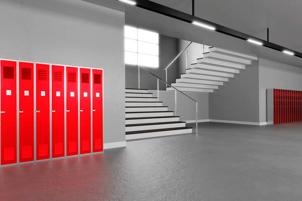 Light school hallway interior with copyspace. 3d illustration