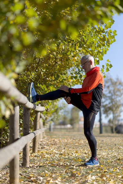 Ein Älterer Mann Streckt Sein Bein Aus Workout Der Natur — Stockfoto