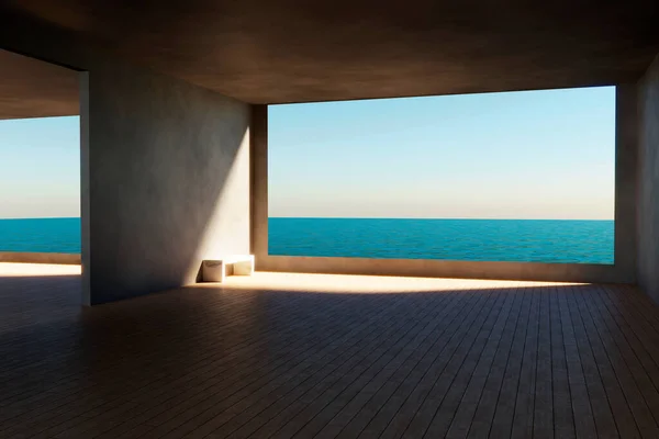 Room with bench and with big window to beautiful view to blue ocean. 3d render